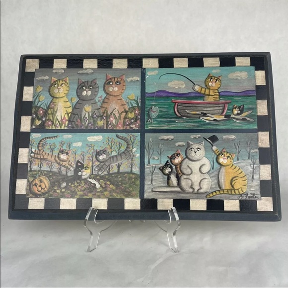 Hand Painted Cat Folk Art 4 Seasons Signed A D Foster On Wood Ready To Hang - Picture 11 of 12